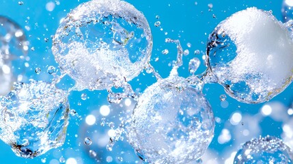 Water Spheres Splashing Against Blue Background