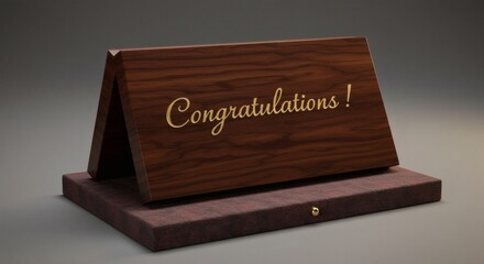 Wooden Congratulations Card Display with Gold Lettering on Gray Background