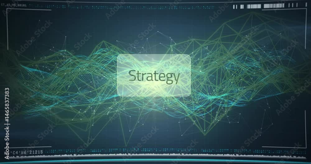 Poster Strategy interface floating over dark grid, showing green network lines and waveform patterns