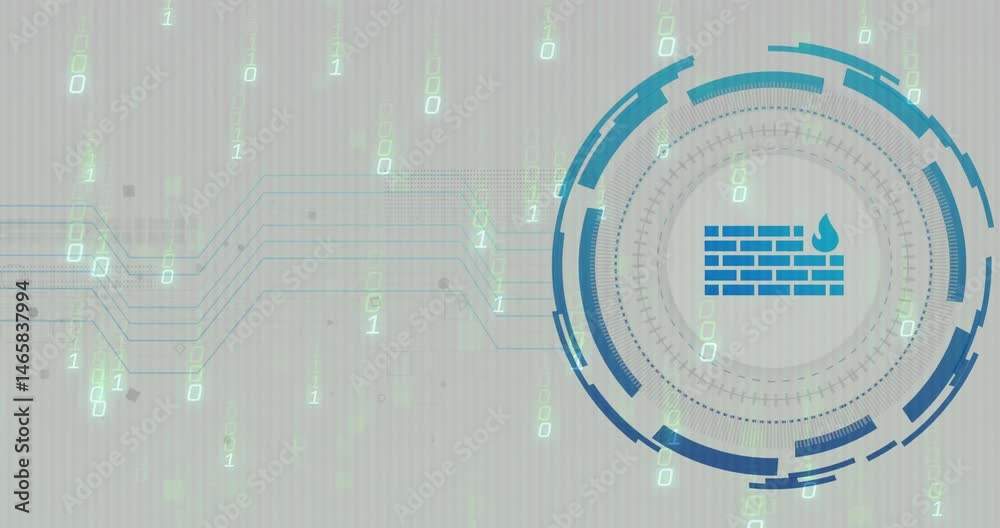 Poster Blue HUD overlay being animated in UI with binary digits, circuit paths, firewall icon