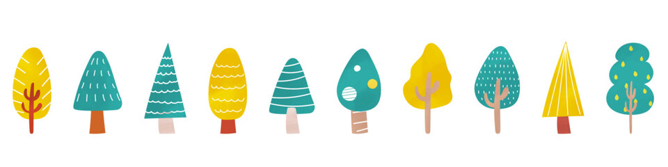 さまざまな形の水彩タッチの木のイラスト　北欧テイスト