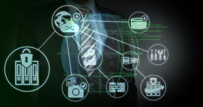 Business professional presenting digital interface, showing linked cybersecurity and database icons