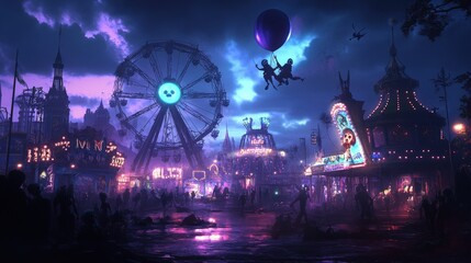 A deserted carnival at night, lit by eerie neon lights.