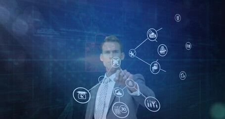 Male manager in suit reaching forward, interacting with holographic finance interface and lock icon - Powered by Adobe