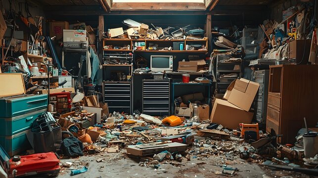 A cluttered corner of a suburban garage filled with miscellaneous items