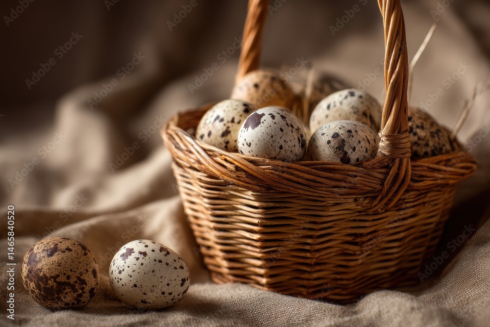 Fototapete Wicker Basket Filled With Speckled Eggs Illuminated by Warm Light on a Soft Fabric Backdrop Generative AI
