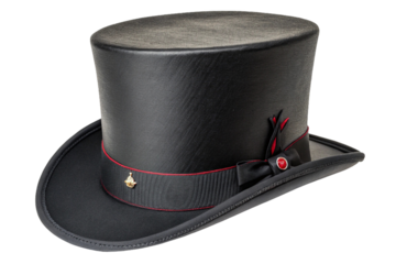 A classic black top hat, a stylish men's headwear accessory, is isolated on a white background