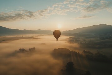 Hot air balloon flying over the foggy mountains at sunrise, a beautiful landscape with sky clouds and a mountain range in the background. Travel concept. 