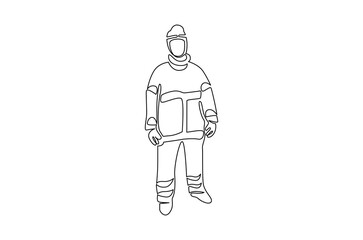 Continuous one line drawing of firefighter protective uniform. Single line drawing illustration of Fireman standing. International firefighter day concept vector art. Doodle line illustration.