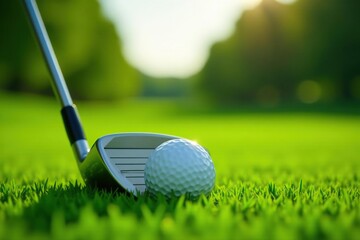Close-up of a golf club resting on lush green, wood, challenge
