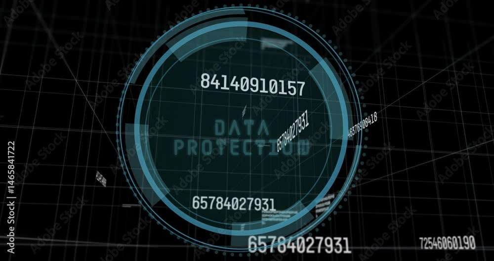 Poster Futuristic HUD display rotating segmented arcs and dots displaying floating codes over 3D grid