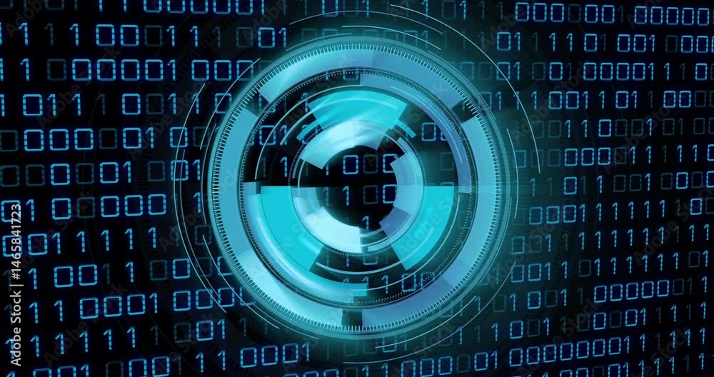 Poster futuristic circular hud graphic being animated in 3d render interface, over glowing binary code