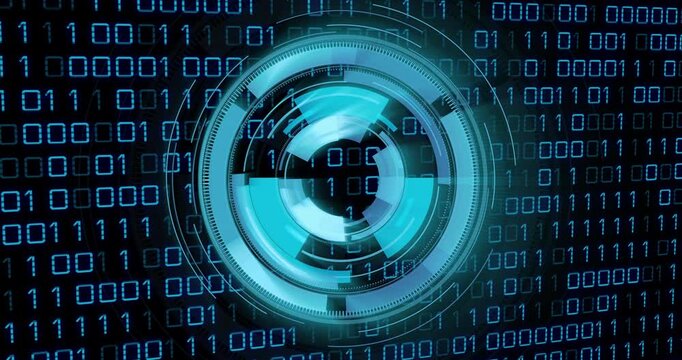 Futuristic circular HUD graphic being animated in 3D render interface, over glowing binary code