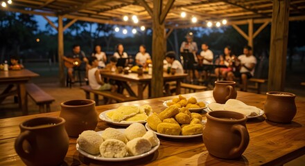 Fototapeta premium Scene with June festival dishes on a communal table in a rural village