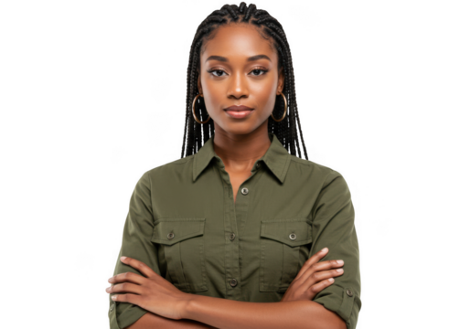 Portrait of a woman with braids wearing an olive shirt and gold hoop earrings with arms crossed isolated on transparent background