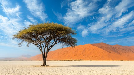 Naklejka premium A solitary acacia tree stands tall in the vast Namib Desert