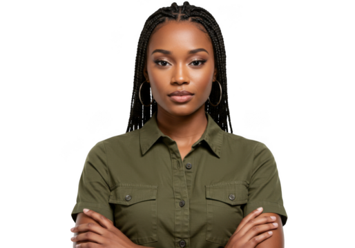 Portrait of a woman with braids wearing an olive green shirt and gold hoop earrings posing confidently isolated on transparent background