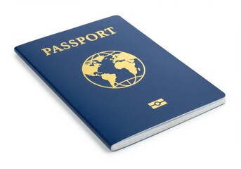 A blue passport with a golden world map emblem isolated on white background