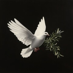 Fototapeta premium White Dove Flying with Olive Branch on Dark Background