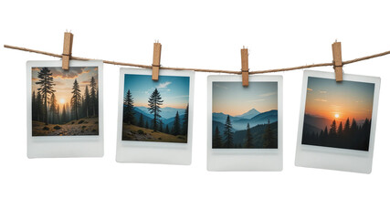 Four landscape photos hanging from a twine with clothespins against a black background showing nature on transparent background