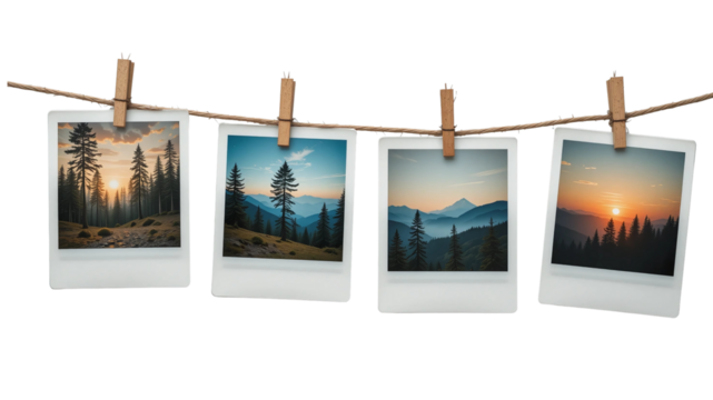 Four landscape photos hanging from a twine with clothespins against a black background showing nature on transparent background - Powered by Adobe