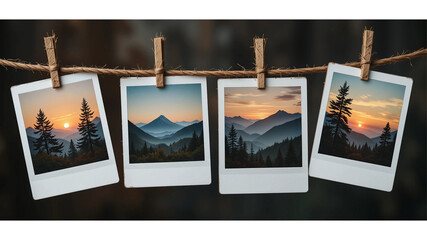 Four mountain landscape photographs hanging from a string with wooden clothespins and a blurred background on transparent background