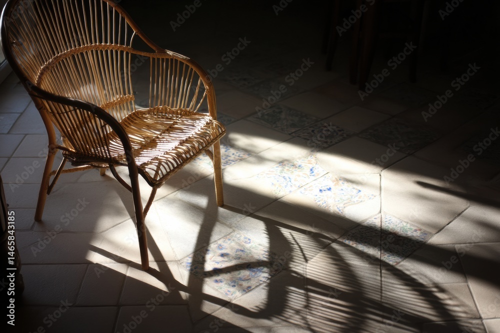 Aufkleber Wicker Chair Casting Intricate Shadow Patterns Over a Tiled Floor in a Sunlit Room Generative AI