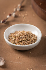 Fennel seeds in a white bowl on a textured brown surface with a delicate feather and blurred plant stem in the background