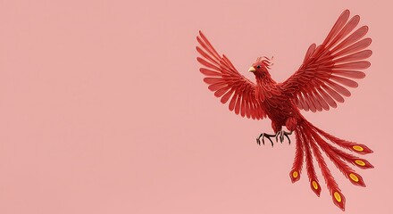 Fototapeta premium 3d cute cartoon illustration, collage of red phoenix with wire wings soaring on the right, symbolizing rebirth, clear copy space on the left. ,isolated on bright background, no text