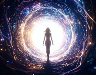 A silhouetted figure walking towards a glowing portal of vibrant energy.
