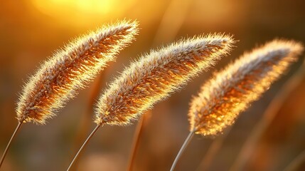 Obraz premium Golden prairie grass illuminated by golden hour sunlight revealing fine textural details and wispy contours with warm amber backlighting for organic design elements