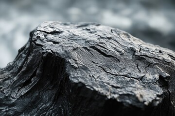 Close-up of a dark, textured rock surface with deep cracks and crevices, showing detail and age.