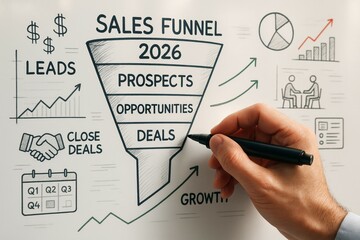 Hand drawing sales funnel 2026 concept on whiteboard with graphics and arrows