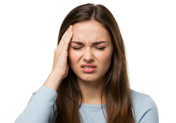Woman with hand on forehead expressing discomfort and pain with eyes closed and mouth open slightly isolated on transparent background