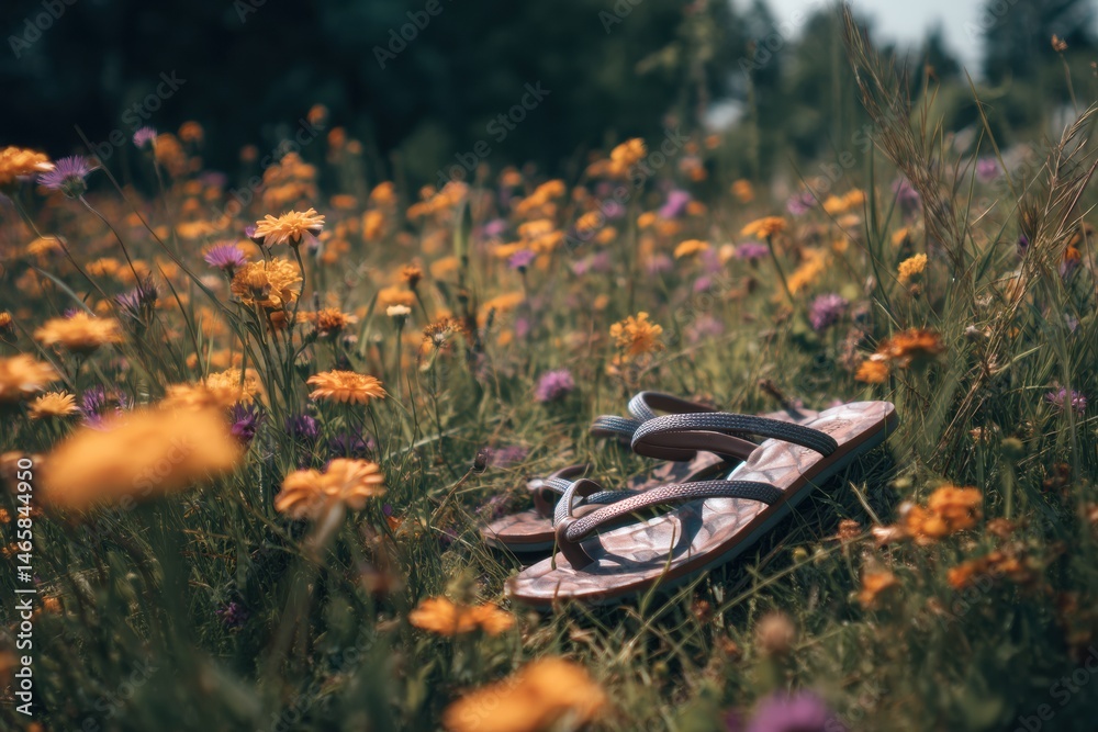 Aufkleber sandals lie abandoned in a field of colorful meadow flowers under soft sunlight generative ai