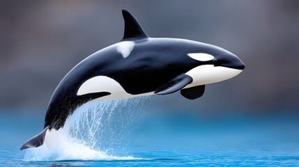 Fototapeta premium A breathtaking image of an orca whale leaping out of the serene ocean waters, showcasing its majestic form and vibrant colors, symbolizing the beauty of marine life in nature.