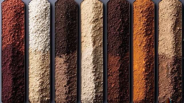 Vineyard soil texture collection featuring eight distinct soil samples arranged in vertical columns showcasing granular variations from burgundy clay to sandy orange against dark gray background