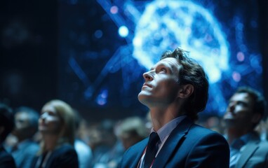 People watching screen showing brain science