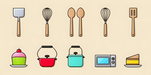 A colorful collection of cooking utensils, bakeware, and delicious desserts including a cupcake and cake, representing the joy of culinary creativity and cooking at home.