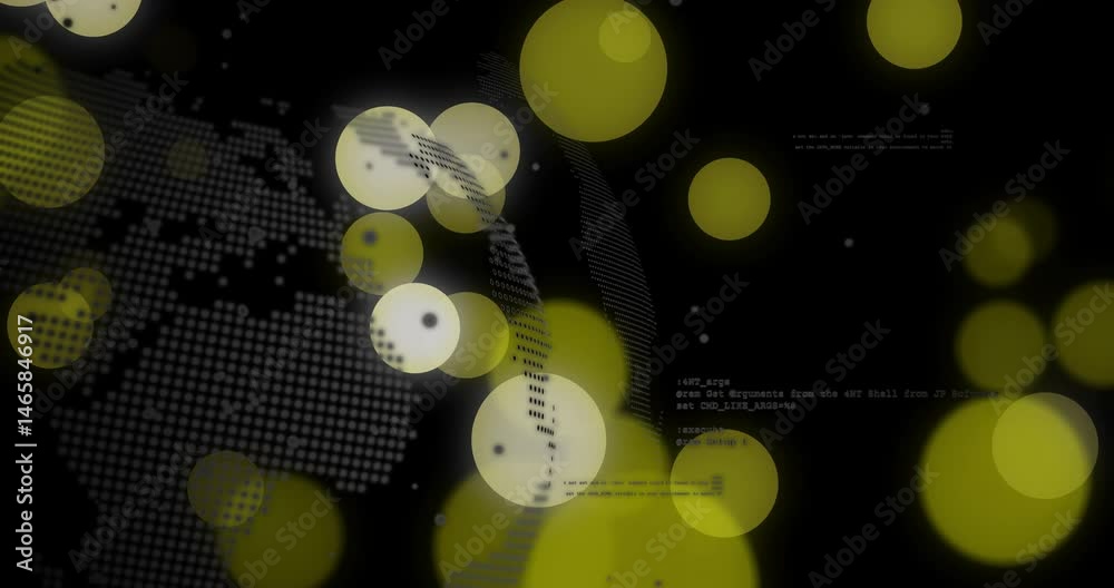 Poster abstract network floating in interface, displaying translucent yellow circles and code fragments