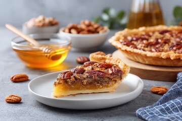 Pecan pie with golden-brown pie slice and glossy pecans on top 