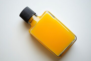 Orange juice in a square plastic bottle with a black cap, on a white background, top view. 