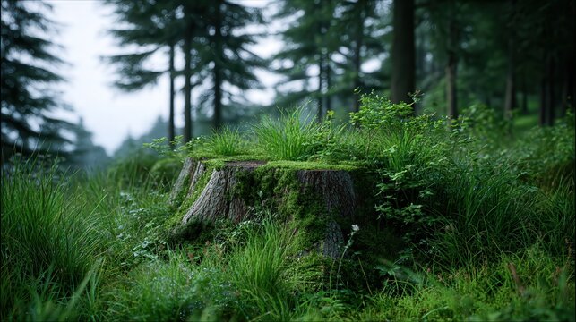 A lush green forest scene featuring a large tree stump overgrown with soft moss and tiny wild plants. The stump is surrounded by tall pine trees and thick grass, creating a magical. - Powered by Adobe