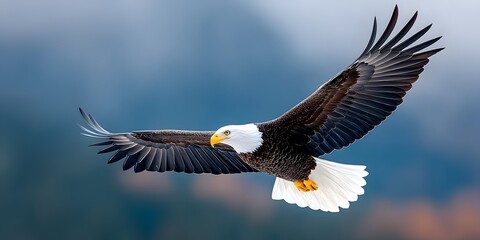 Obraz premium A majestic eagle soaring through the sky, showcasing its powerful wingspan and sharp beak. This bird symbolizes freedom and strength, set against a beautiful, blurred landscape.