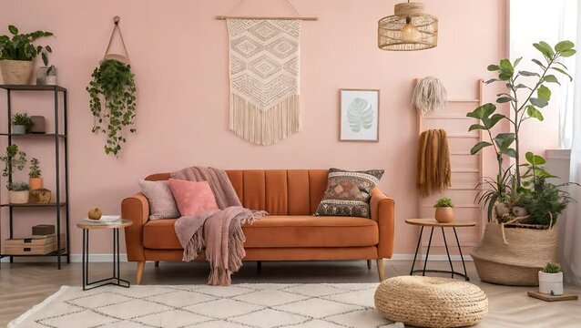 Living room interior with sofa plants and decorative elements