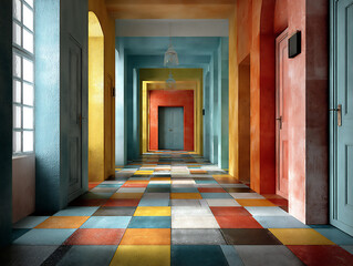an artistic 3d rendering of an empty room with a unique color palette and intentional light play, serving as a blank canvas for inspiration.