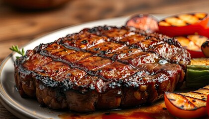 Closeup Grilled Steak with Roasted Vegetables on a Plate