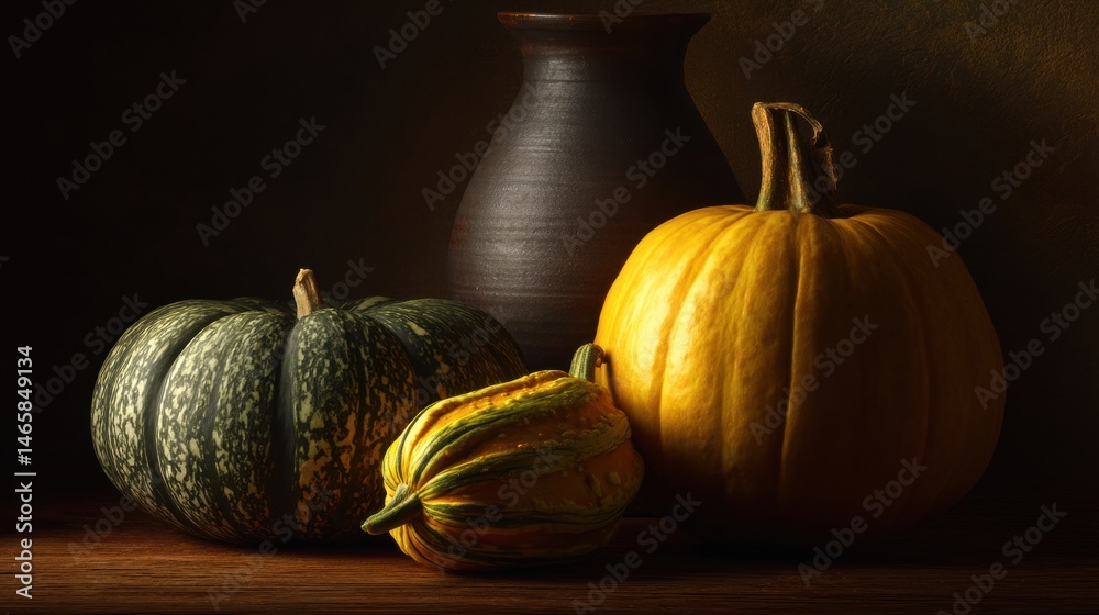 Poster harvest still life featuring a variety of pumpkins and squash illuminated by warm, soft lighting gen