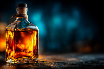 a product photograph showcasing a clear glass bottle filled with amber liquid against a dark, textured background, suggesting a premium whiskey or spirit.