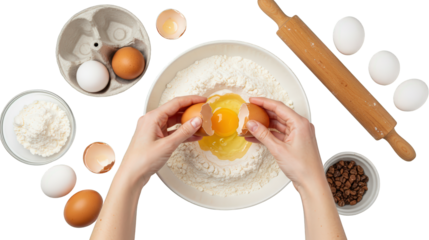 Woman s Hands Cracking Egg into Flour for Baking Overhead View